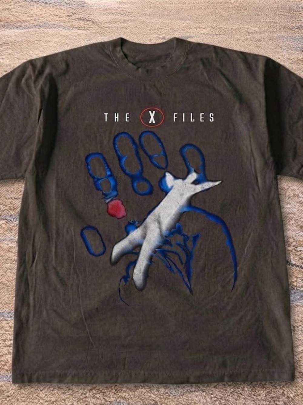 Gildan Dark Chocolate The X-Files Tee with Blue, White & Red Graphic